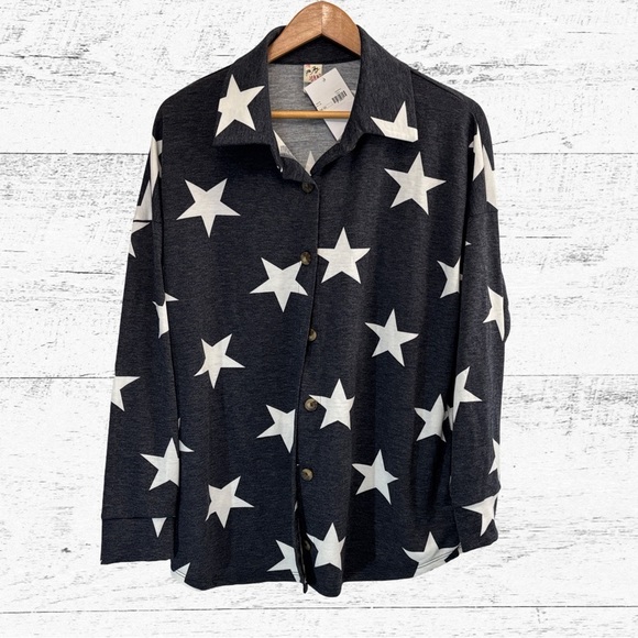 7th Ray Black and White Casual Button Down Shirt Star Design - Picture 1 of 4